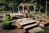 Shore Acres Apartments in Indianapolis, IN - Charming outdoor patio with a stylish pergola and built-in grill, surrounded by lush greenery and beautifully landscaped stone steps.