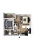 Modern 1-bedroom apartment floor plan featuring an open living space, sleek kitchen with island, cozy bedroom, and private balcony.