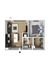 Chic 1-bedroom apartment layout with open-plan living room, modern kitchen island, and spacious walk-in closet.