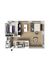 Modern apartment floor plan showcasing a spacious bedroom, open-concept living area, and sleek kitchen with island seating.