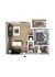 Modern floor plan featuring an open-concept living area with kitchen island, cozy bedroom, elegant bathroom, and a private balcony.
