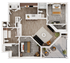 Modern 3D floor plan featuring 2 spacious bedrooms, an open-concept living and dining area, a sleek kitchen with an island, and a private balcony, perfect for stylish living - B7A Gulf