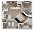 Elegant 3D floor plan showcasing 2 bedrooms, a modern kitchen with island seating, a cozy living room, and a spacious balcony for outdoor relaxation. B8 Hollow
