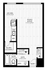 Sleek studio apartment floor plan with open living space, modern kitchen, dual baths, and ample storage.