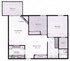 Charming floor plan with two spacious bedrooms, cozy living room with fireplace, elegant dining area, modern kitchen, and a sunny balcony.