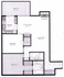 Elegant floor plan featuring two bedrooms, spacious living room with fireplace, modern kitchen, and private balcony.
