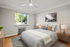 Bright and cozy bedroom featuring stylish decor, a comfortable bed, and large window allowing natural light.
