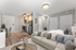 Modern studio apartment featuring an elegant open-plan layout with cozy sofa, integrated kitchen with stainless steel appliances, and in-unit washer. Bright and inviting living space with stylish decor.