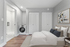 Elegant bedroom with plush bedding, in-room washer and dryer, modern art, and cozy lighting.