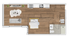 Modern studio apartment floor plan with open-concept living room, kitchen, cozy bedroom area, and compact bathroom featuring sleek wooden flooring.