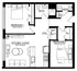 Chic floor plan showcasing two spacious bedrooms, open kitchen and living area, and modern utilities layout.