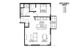 Modern floor plan featuring one bedroom, an open kitchen with an island, and a spacious living and dining area, perfect for units 215, 315, 415, and 515.