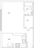 Efficient studio floor plan featuring an open living area, modern kitchen, bath, and a convenient closet space.