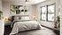 Luxurious bedroom featuring a comfortable king-sized bed with white and green accents, two bedside tables with lamps, modern artwork, and large windows with natural light.
