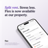 Promotional image highlighting the availability of rent splitting with Flex at a property, featuring a smartphone displaying the Flex app interface for managing rent payments.