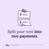 Illustration of split rent concept with torn invoice graphic and text promoting easy payment options.