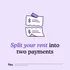 Creative illustration promoting rent payment flexibility with a torn bill icon and bold text 'Split your rent into two payments'.