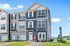 Charming townhouse with modern blue exterior, spacious three-story design, and inviting front entrance, set against a scenic countryside backdrop.