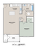 1-bedroom apartment floor plan featuring a spacious great room, kitchen, bath, and deck.