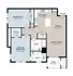 Contemporary floor plan showcasing 2 bedrooms, open kitchen, and expansive living area with deck access.