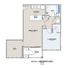 Stylish floor plan of Unit H featuring a master bedroom, den, great room, kitchen, bathroom, and deck.