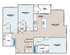 Floor plan showcasing 3 bedrooms, a great room, kitchen, and two bathrooms with a deck.