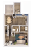 Modern 3D floor plan showcasing an open kitchen, a cozy living area, and a spacious dining room with one bathroom.