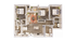 Stylish 3D floor plan showcasing two cozy bedrooms, elegant living room with plush seating, open kitchen with modern appliances, and spacious bathroom featuring dual sinks.