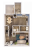 Stylish 3D floor plan of a modern apartment featuring a cozy living room, open kitchen, dining area, and a functional bathroom.
