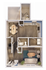 Stylish floor plan featuring an open-concept kitchen, dining area, and cozy living room, with a bathroom and utility space.