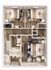 3D floor plan of an apartment featuring three bedrooms, a modern bathroom, and a compact living area.