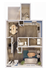 3D floor plan of a chic apartment with an open dining area, well-equipped kitchen, cozy living room, and compact bathroom.