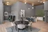 Modern open-concept living space featuring elegant dining area, cozy seating, and a stylish kitchen with green tiled backsplash.
