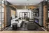 Contemporary living room with sleek design, featuring a cozy sectional sofa, stylish armchairs, modern fireplace, and artistic architecture.