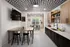 Modern kitchen and dining area featuring sleek countertops, stylish cabinetry, chic bar stools, and artistic ceiling design.