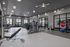 Modern apartment fitness center featuring state-of-the-art exercise machines, free weights, and spacious workout area.