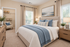Elegant bedroom showcasing a cozy bed with blue accents, large windows, soft lighting, and a walk-in closet.