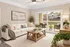 Inviting living room with a cozy beige sofa, stylish decor, and natural light streaming through a glass door opening to a charming patio.