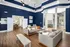 Elegant living room with high ceilings, cozy sofas, and stylish blue walls, featuring a modern open layout.