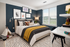Charming bedroom featuring modern decor with a cozy bed, stylish artwork, a sunny window view, and a quaint teepee accent.