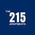The 215 Apartments logo on a navy blue background, featuring bold white text.