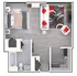 Modern 1-bedroom apartment floor plan showcasing an inviting living area with vibrant decor, a sleek kitchen, and a stylish bathroom. Ideal for urban living.