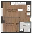Contemporary floor plan featuring a spacious living and dining area, modern kitchen, cozy bedroom, and a well-appointed bath. Includes laundry and storage space.