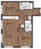 Modern floor plan showcasing two bedrooms, open kitchen and living area, with two bathrooms and elegant wooden flooring.