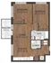 Modern 2-bedroom apartment floor plan with balcony, open living-kitchen area, full bath, and extra half bath.