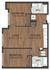 Modern 2D floor plan featuring 2 bedrooms, expansive living room, sleek kitchen, and 2 bathrooms with wood flooring.