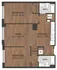 Modern floor plan showcasing 2 bedrooms, spacious living area, kitchen, and 2 baths with elegant wood flooring.
