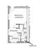 Cozy floor plan with integrated bedroom and living room, a dining area, efficient kitchen, and a compact bathroom.