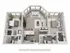 Modern floor plan showcasing 2 bedrooms, 2 bathrooms, an open kitchen with breakfast bar, and a cozy living room. Bright dining area with large windows offers stunning views.