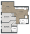 Modern floor plan featuring 2 cozy bedrooms, spacious living area, open kitchen, full and half bathrooms, perfect for efficient living.